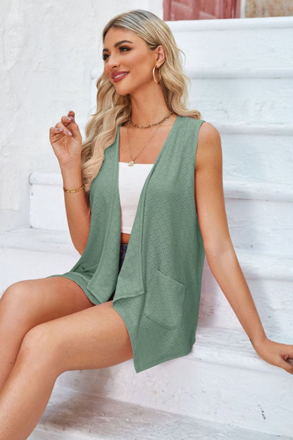 Eyelet Open Front Sleeveless Cardigan-Angel Casuals