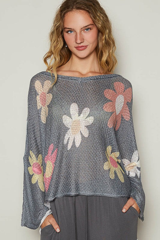 POL Flower Dropped Shoulder Long Sleeve Knit Top-Angel Casuals