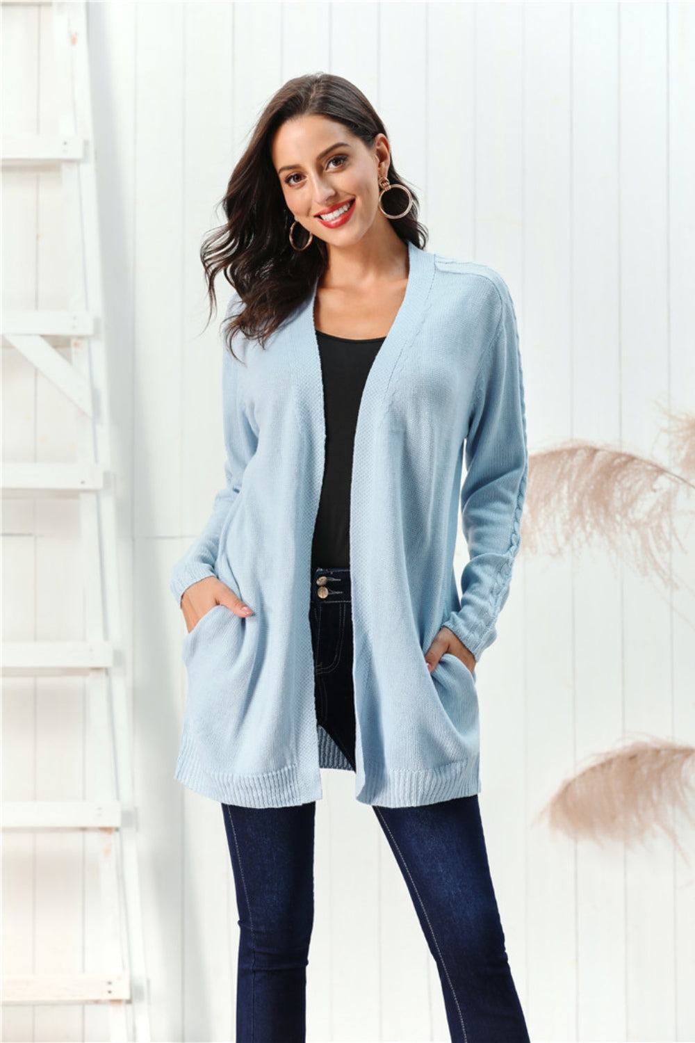 Cable-Knit Open Front Long Sleeve Cardigan-Angel Casuals