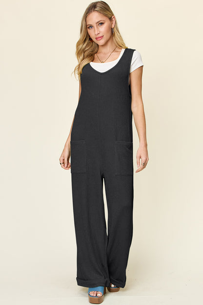 Double Take Full Size Texture Sleeveless Wide Leg Jumpsuit-Angel Casuals