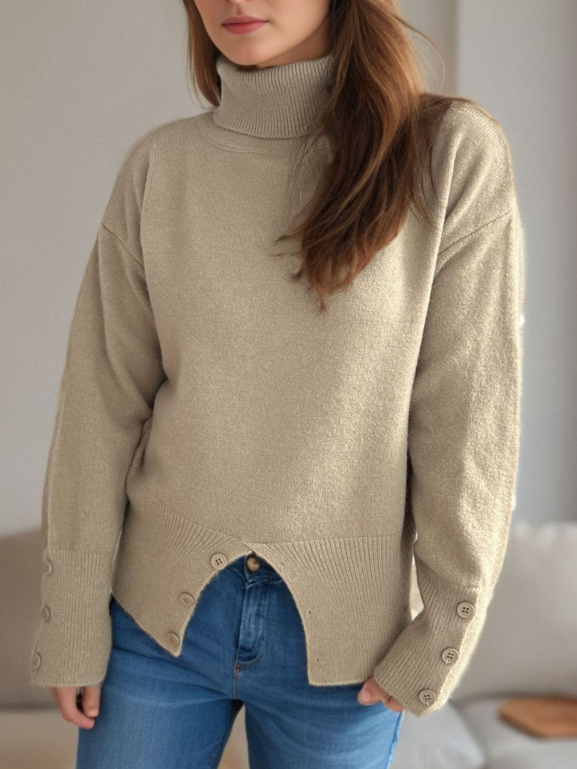 Front Slit Decorative Button Turtleneck Sweater-Angel Casuals