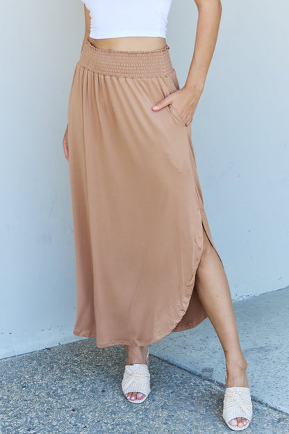 Doublju Comfort Princess Full Size High Waist Scoop Hem Maxi Skirt in Tan-Angel Casuals