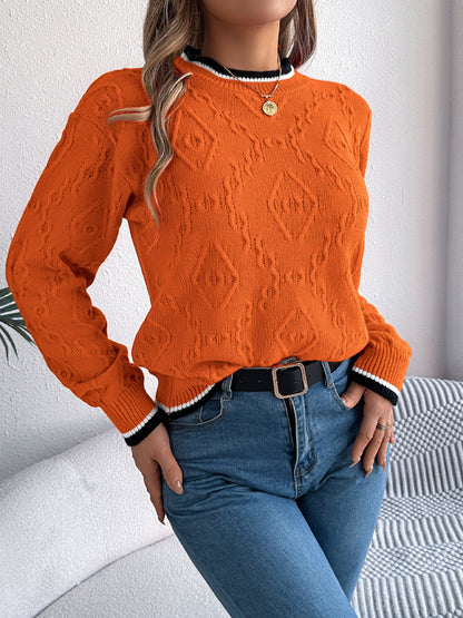 Contrast Trim Round Neck Long Sleeve Sweater-Angel Casuals