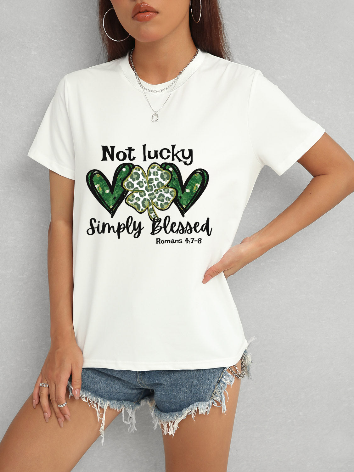 Lucky Clover Round Neck Short Sleeve T-Shirt-Angel Casuals