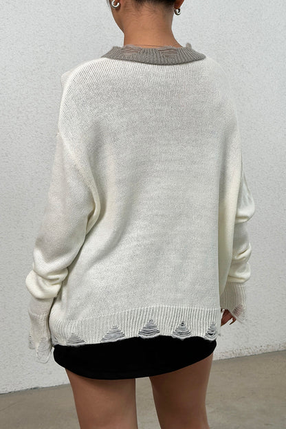 Distressed V-Neck Dropped Shoulder Sweater-Angel Casuals