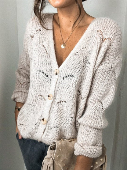 Openwork Button Up Long Sleeve Cardigan-Angel Casuals