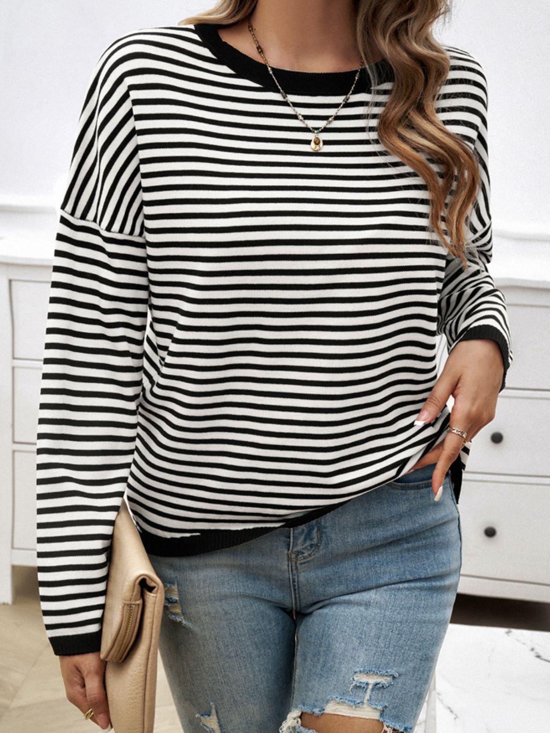 Devine Striped Round Neck Dropped Shoulder Sweater-Angel Casuals