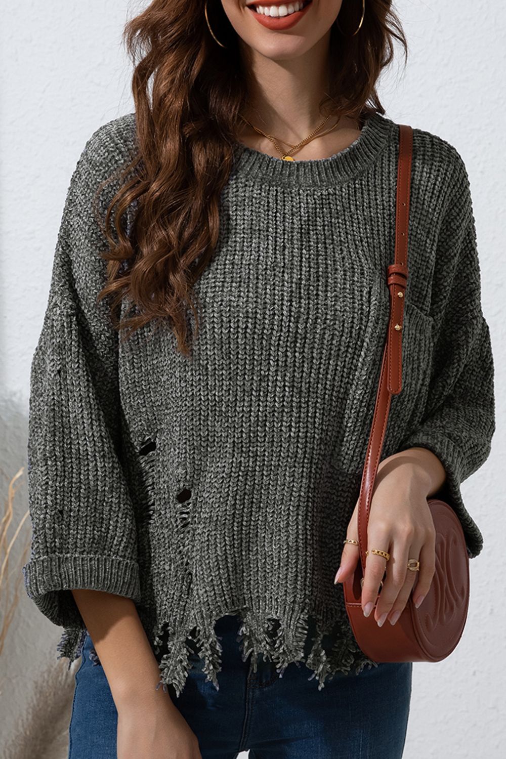 Distressed Round Neck Drop Shoulder Sweater-Angel Casuals