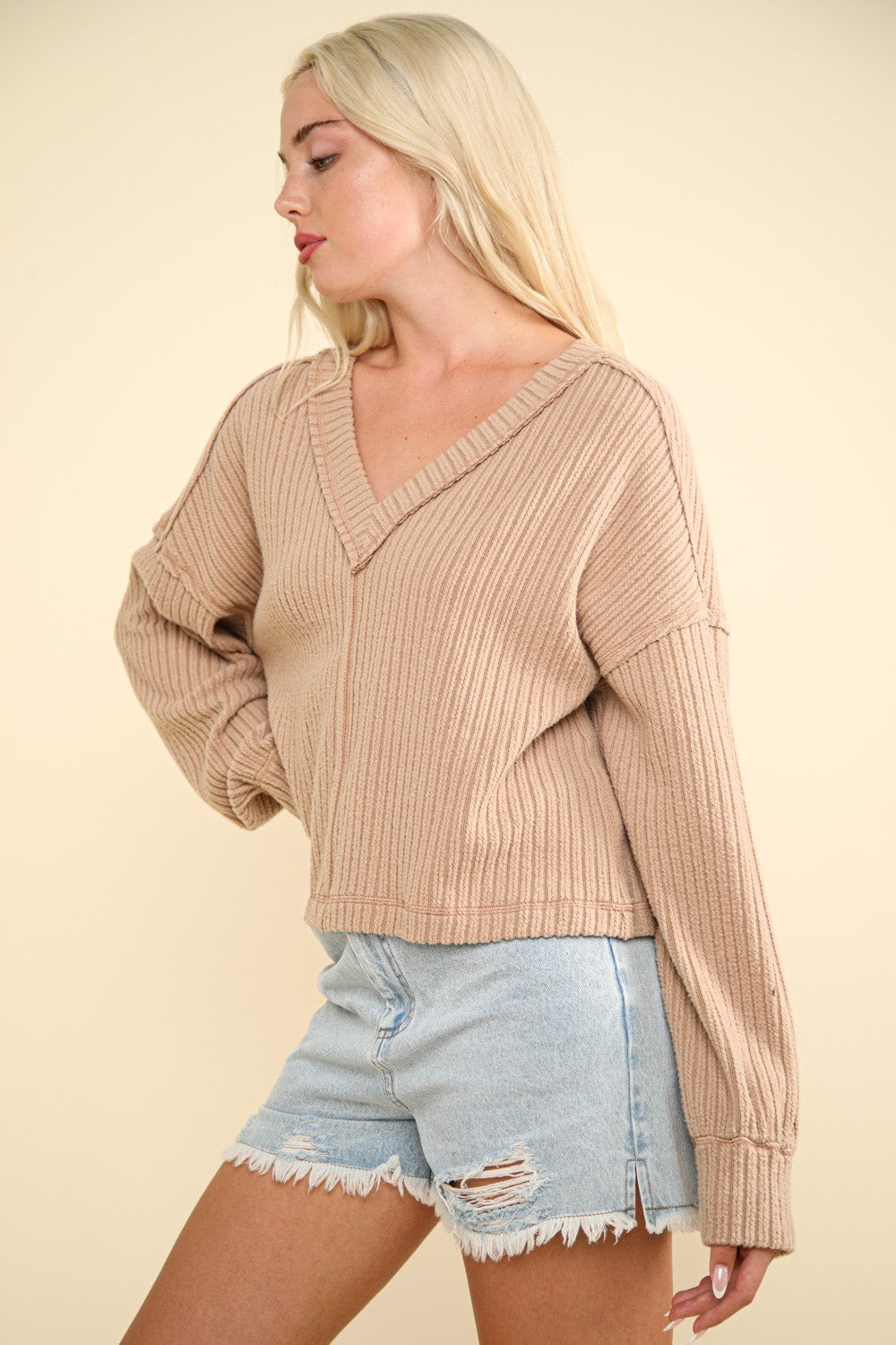 VERY J Exposed Seam V-Neck Ribbed Knit Top-Angel Casuals