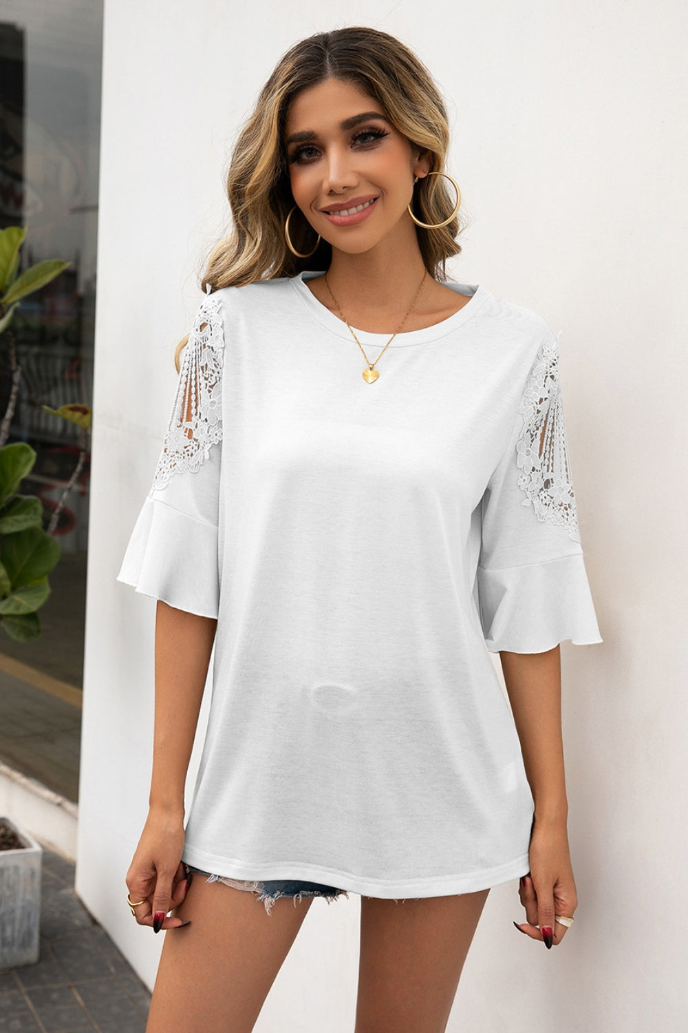 Ruffled Cutout Round Neck Half Sleeve T-Shirt-Angel Casuals