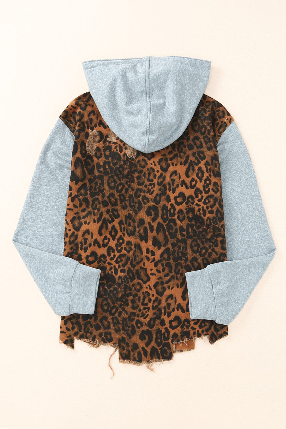 Leopard Distressed Drawstring Hooded Denim Jacket-Angel Casuals