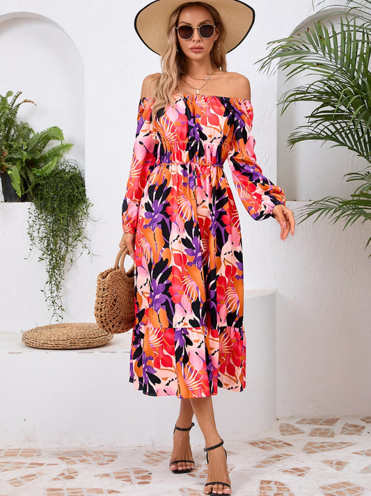 Printed Long Sleeve Midi Dress-Angel Casuals