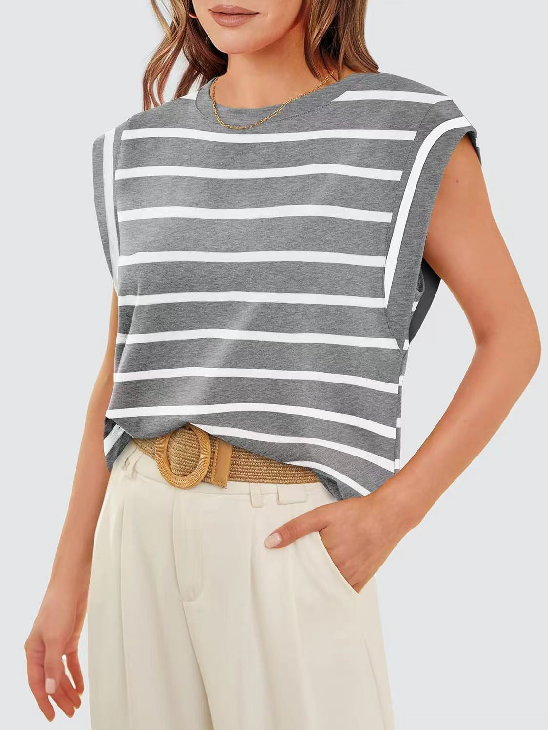 Striped Round Neck Cap Sleeve T-Shirt-Angel Casuals