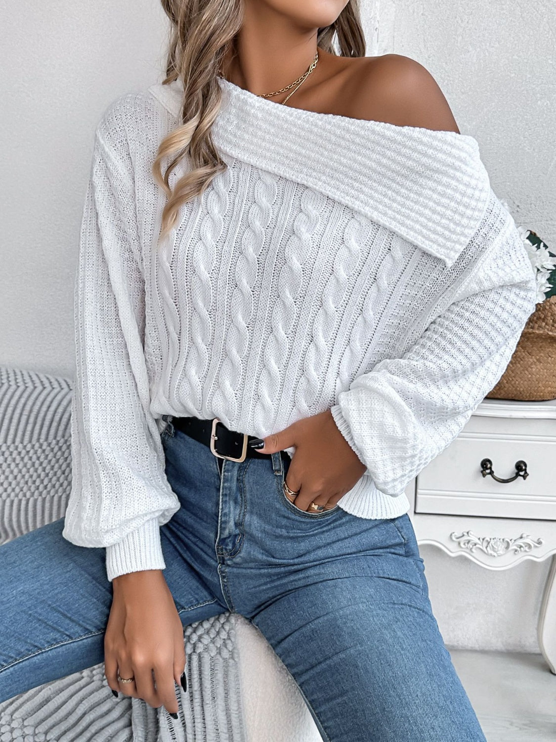 Cable-Knit One Shoulder Long Sleeve Sweater-Angel Casuals