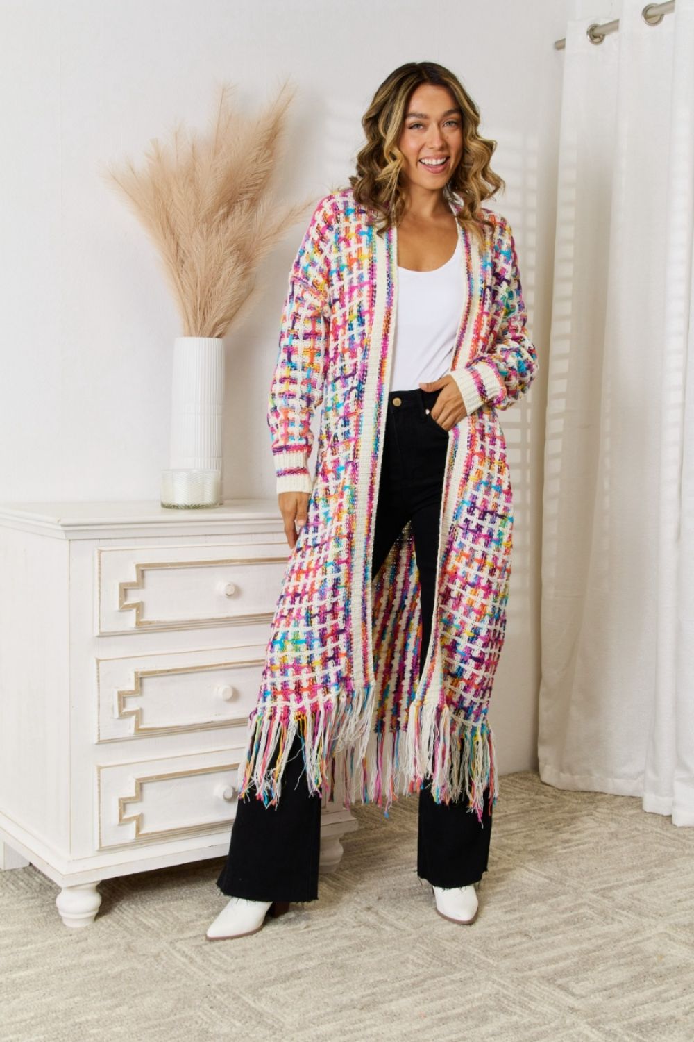 Multicolored Open Front Fringe Hem Cardigan-Angel Casuals