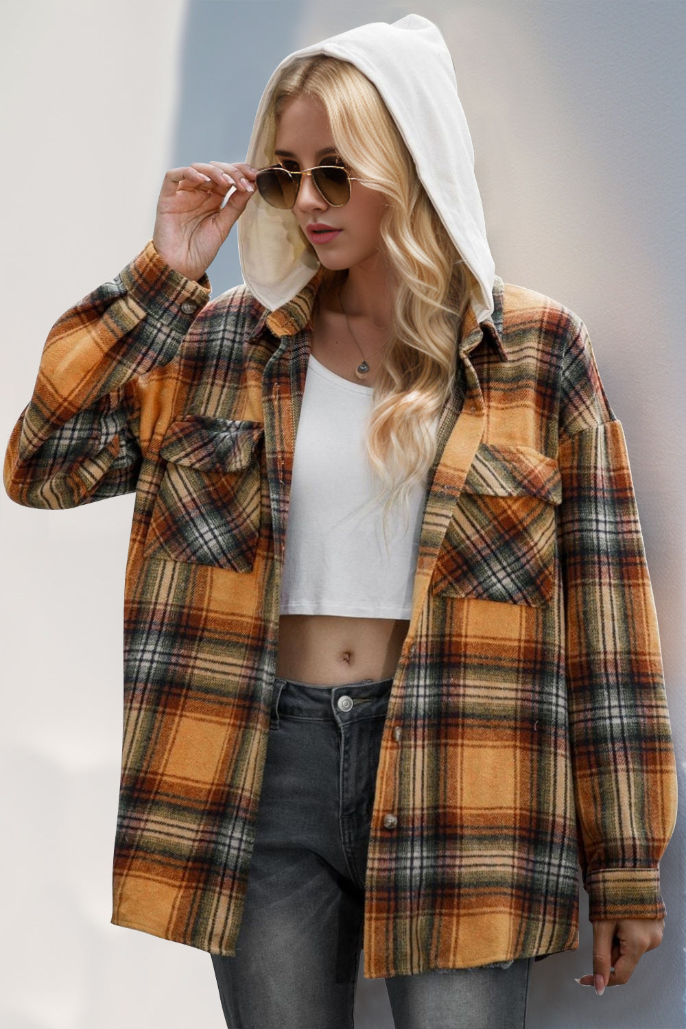 Double Take Drawstring Plaid Long Sleeve Hooded Shacket-Angel Casuals