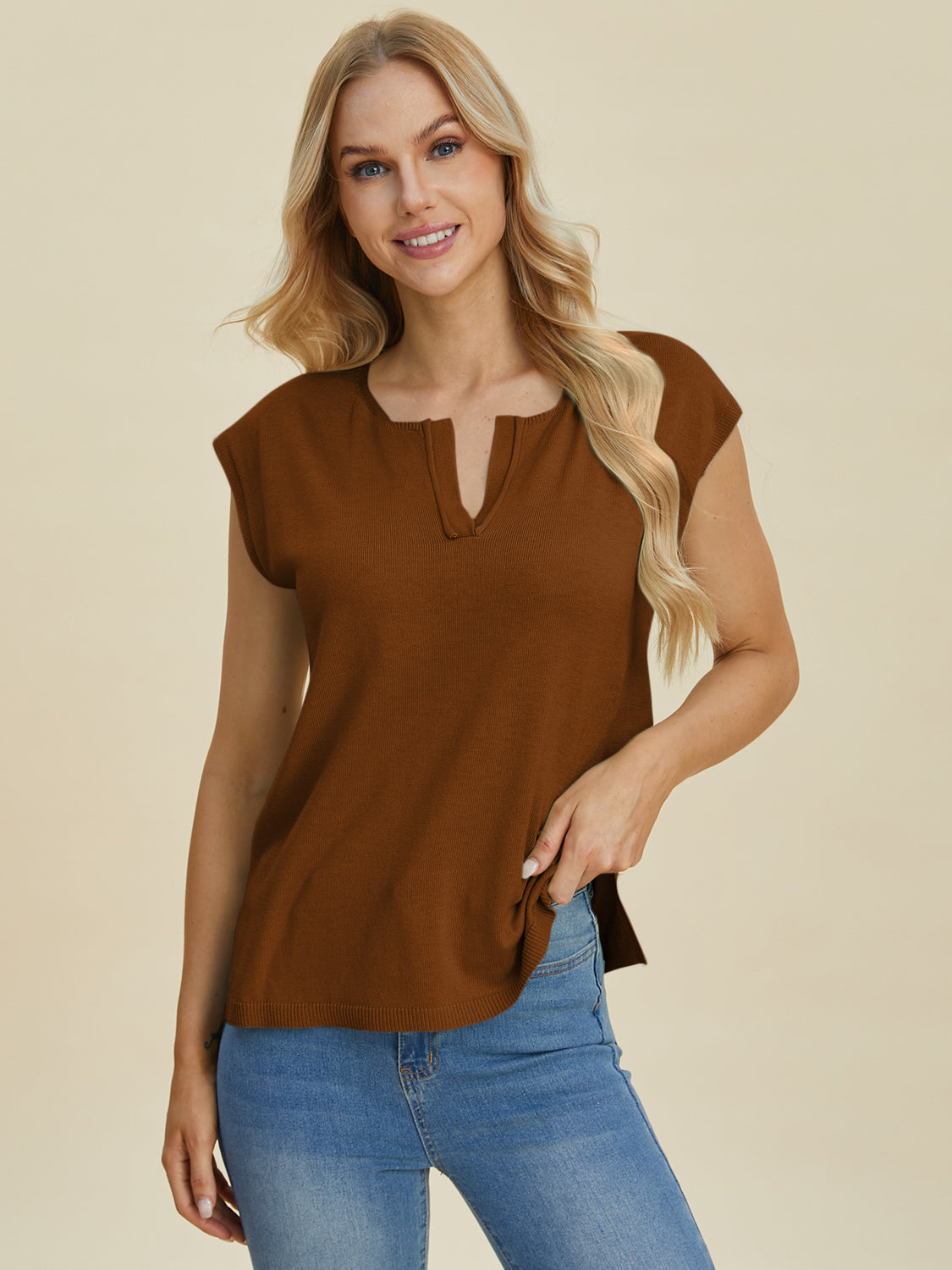 Double Take Full Size Notched Cap Sleeve Knit Top-Angel Casuals