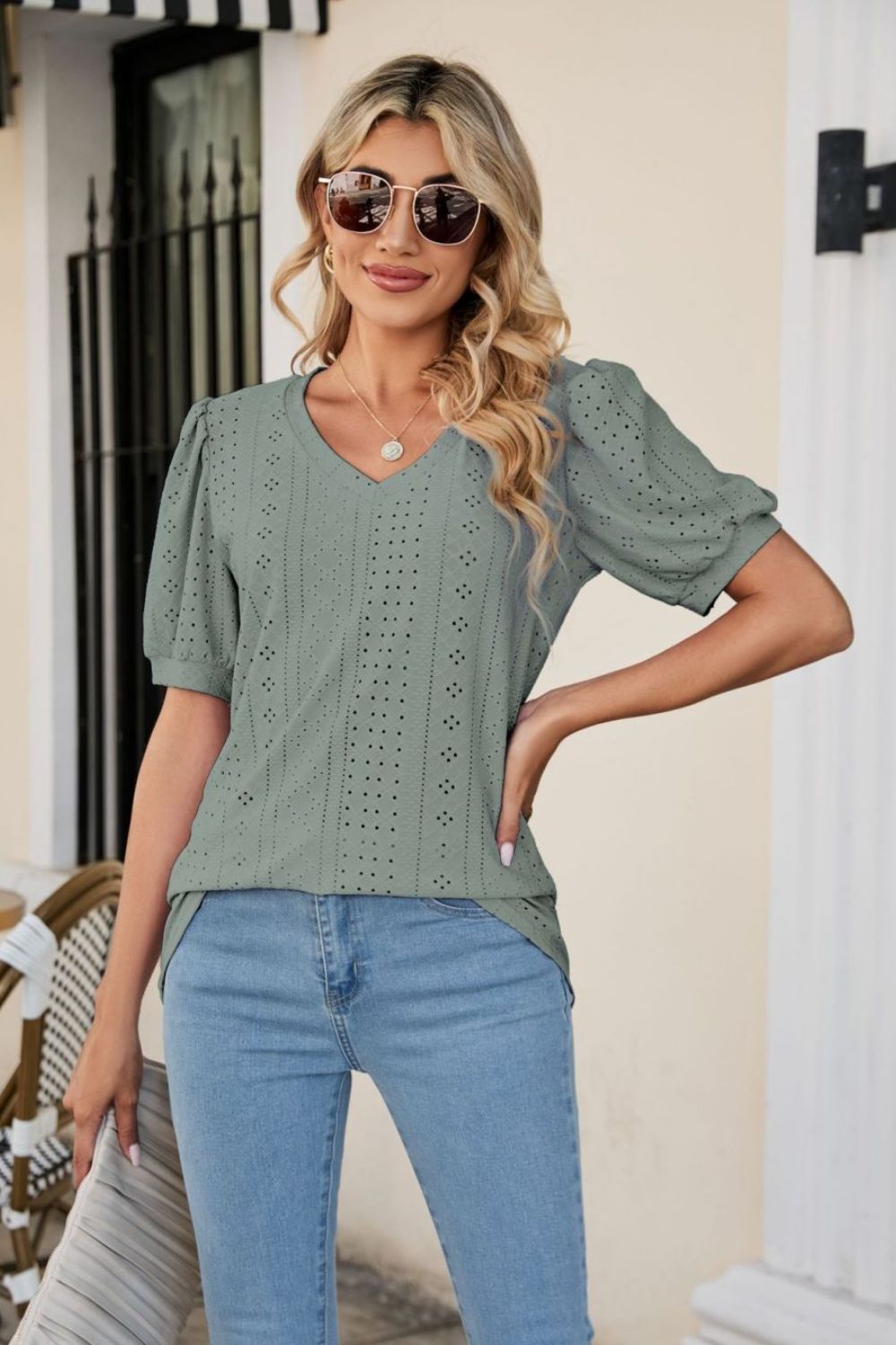 Eyelet Puff Sleeve V-Neck Top-Angel Casuals