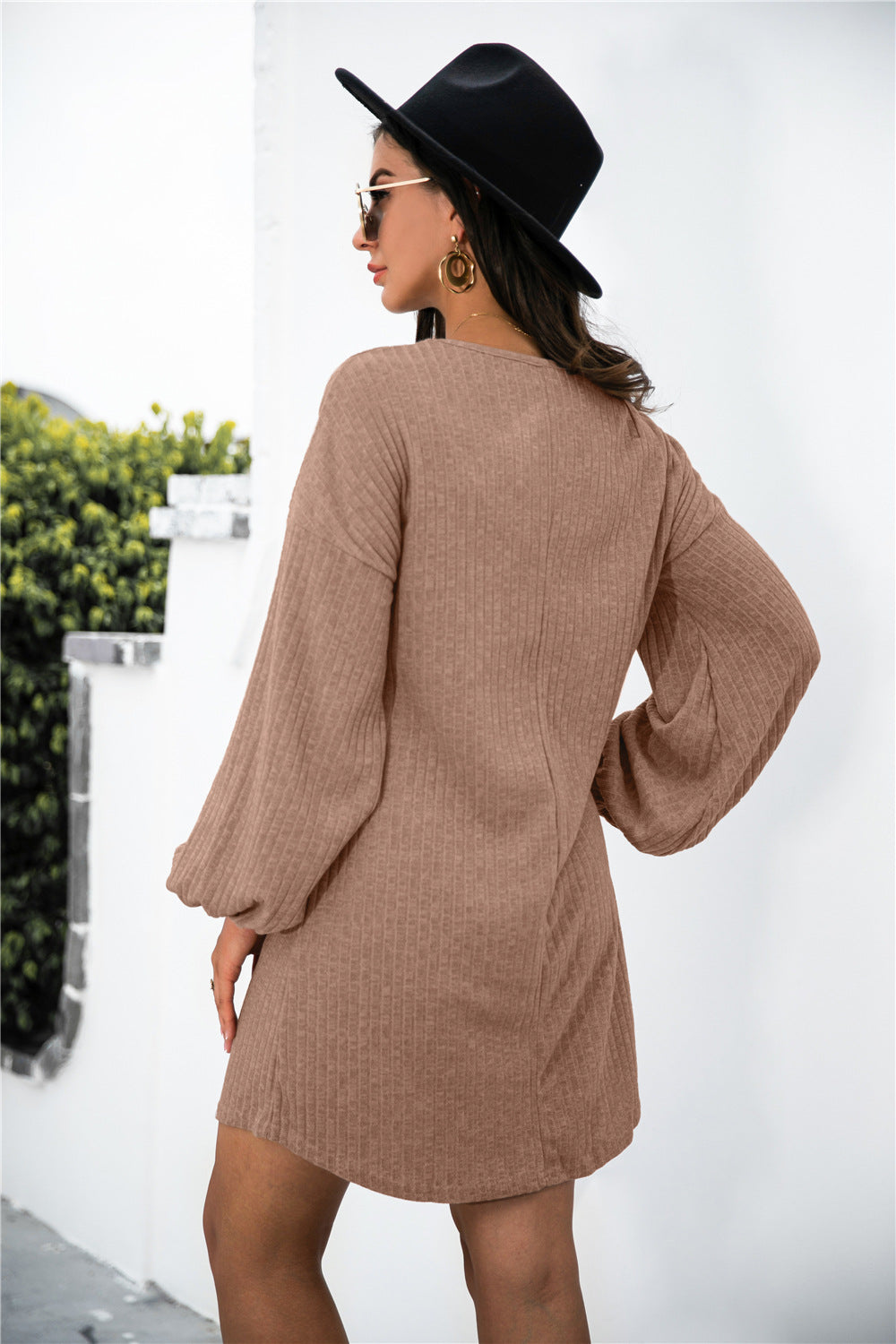 Balloon Sleeve Crisscross Detail Knit Dress-Angel Casuals