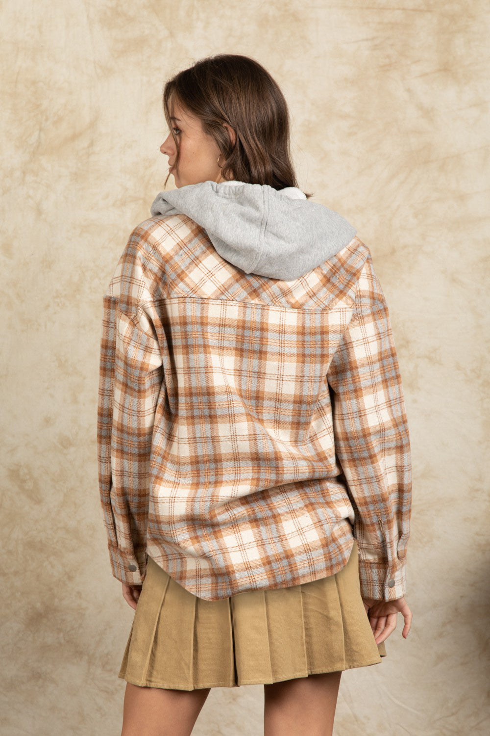 Drawstring Plaid Long Sleeve Hooded Jacket-Angel Casuals
