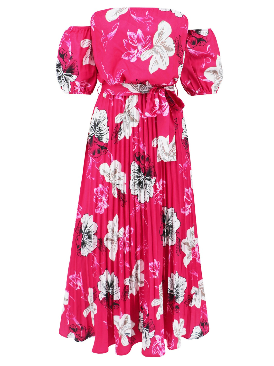 Pleated Floral Off-Shoulder Short Sleeve Midi Dress-Angel Casuals