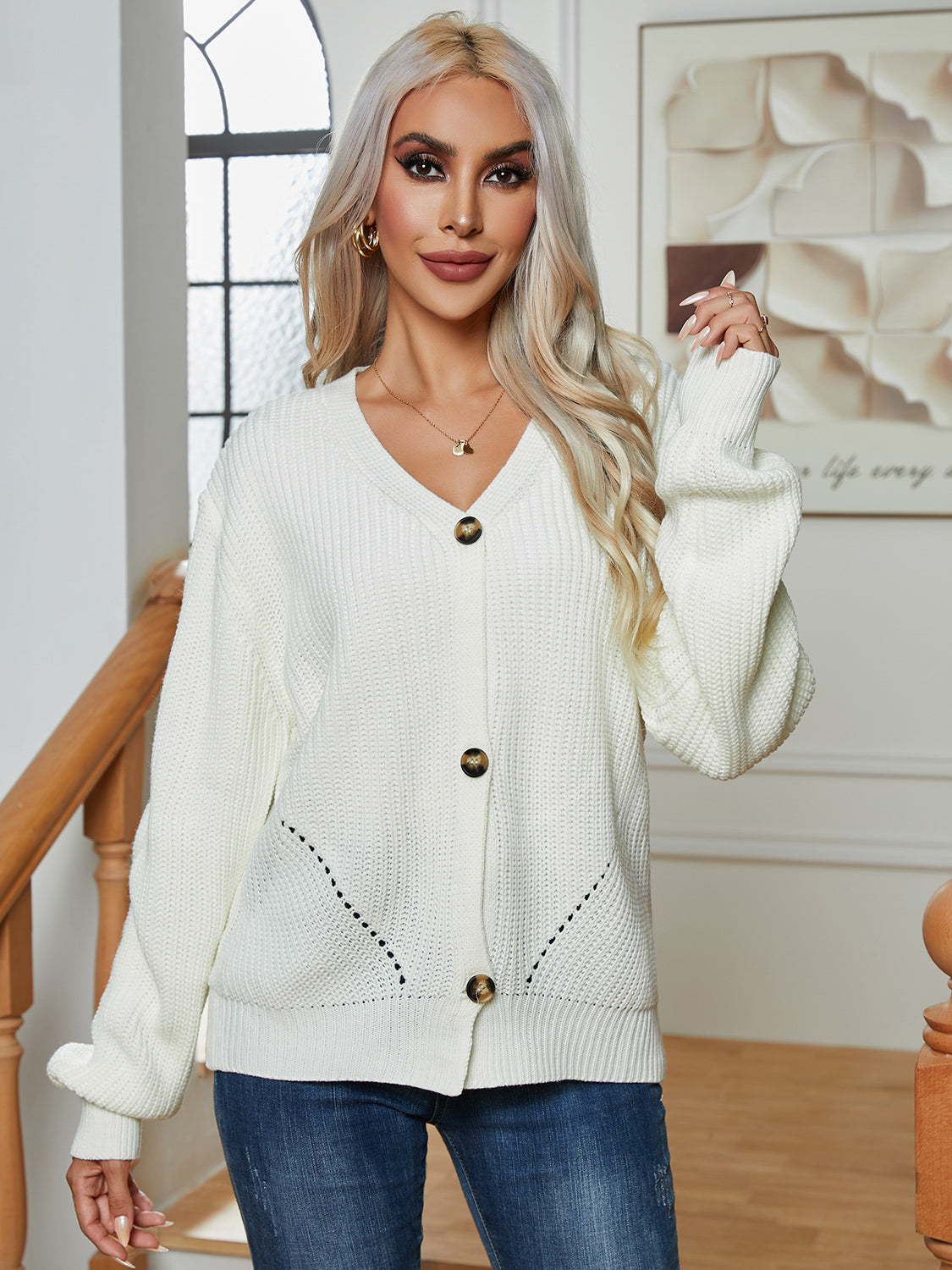 Button Up V-Neck Long Sleeve Cardigan-Angel Casuals