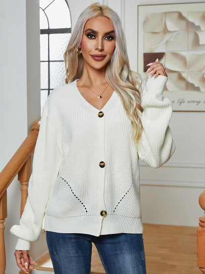 Button Up V-Neck Long Sleeve Cardigan-Angel Casuals