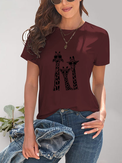 Giraffe Graphic Round Neck T-Shirt-Angel Casuals