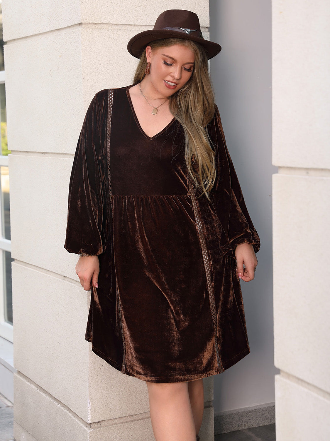 Plus Size V-Neck Balloon Sleeves Dress-Angel Casuals