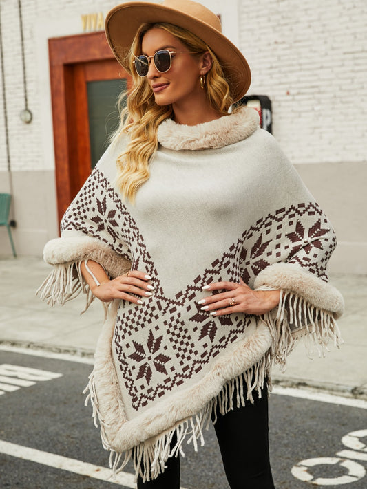 Fringe Geometric Cape Sleeve Poncho-Angel Casuals