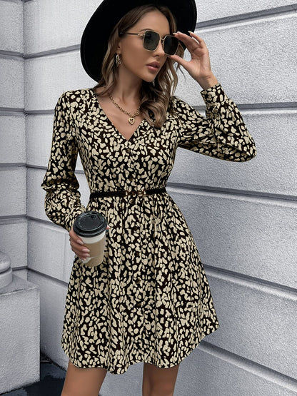 Animal Print Buttoned V-Neck Long Sleeve Dress-Angel Casuals