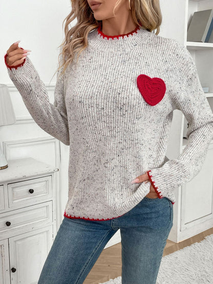 Perfee Contrast Heart Round Neck Long Sleeve Sweater-Angel Casuals