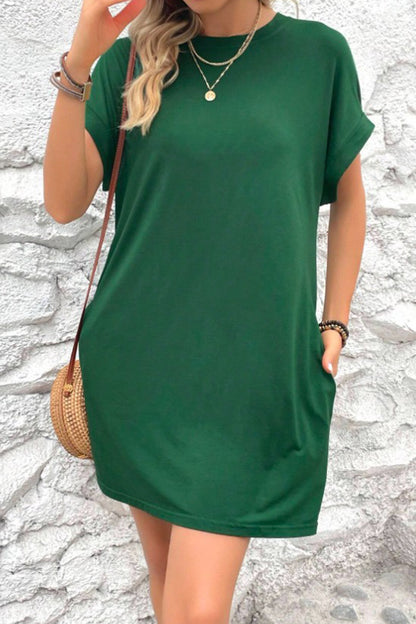 Pocketed Round Neck Short Sleeve Dress-Angel Casuals