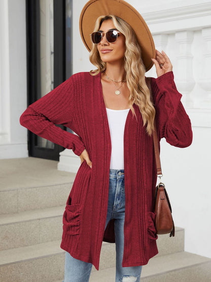 Pocketed Open Front Long Sleeve Cardigan-Angel Casuals