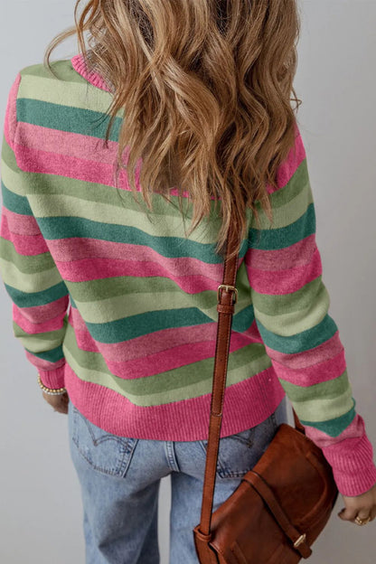 Striped Round Neck Long Sleeve Sweater-Angel Casuals