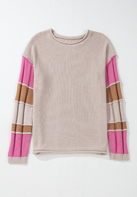 Color Block Round Neck Long Sleeve Sweater-Angel Casuals