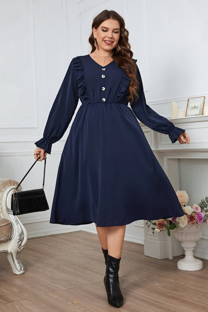 Melo Apparel Plus Size V-Neck Buttoned Flounce Sleeve Dress-Angel Casuals