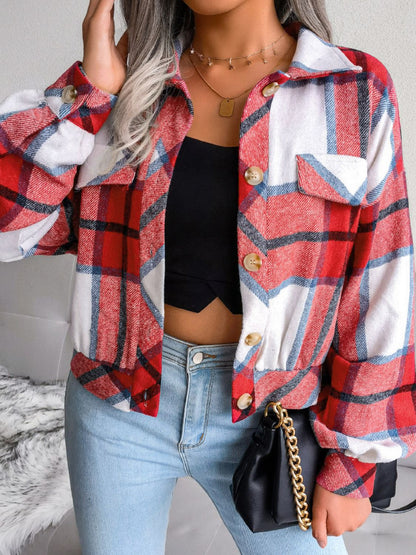 Plaid Collared Neck Drop Shoulder Jacket-Angel Casuals