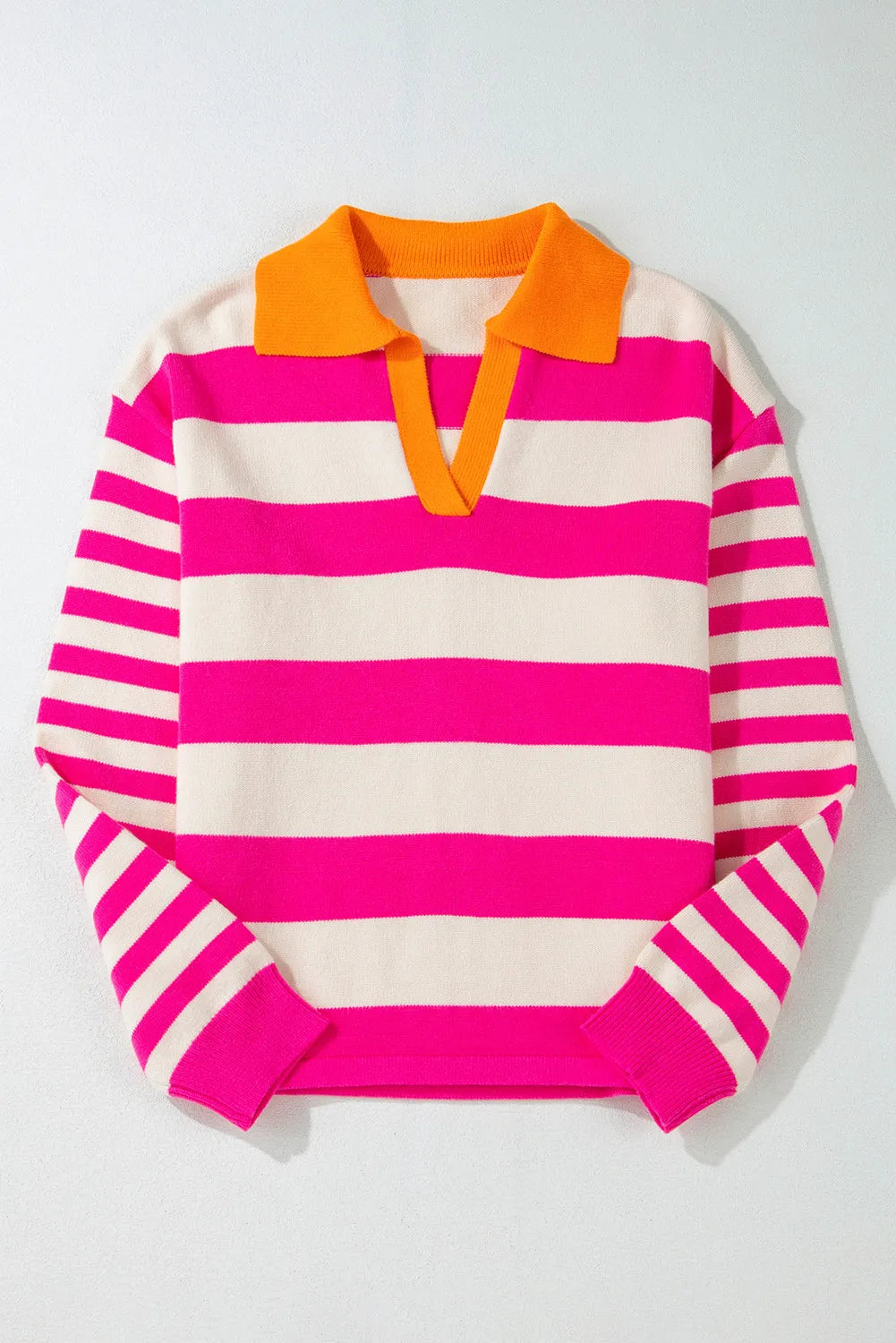 Contrast Stripes Johnny Collar Long Sleeve Sweater-Angel Casuals