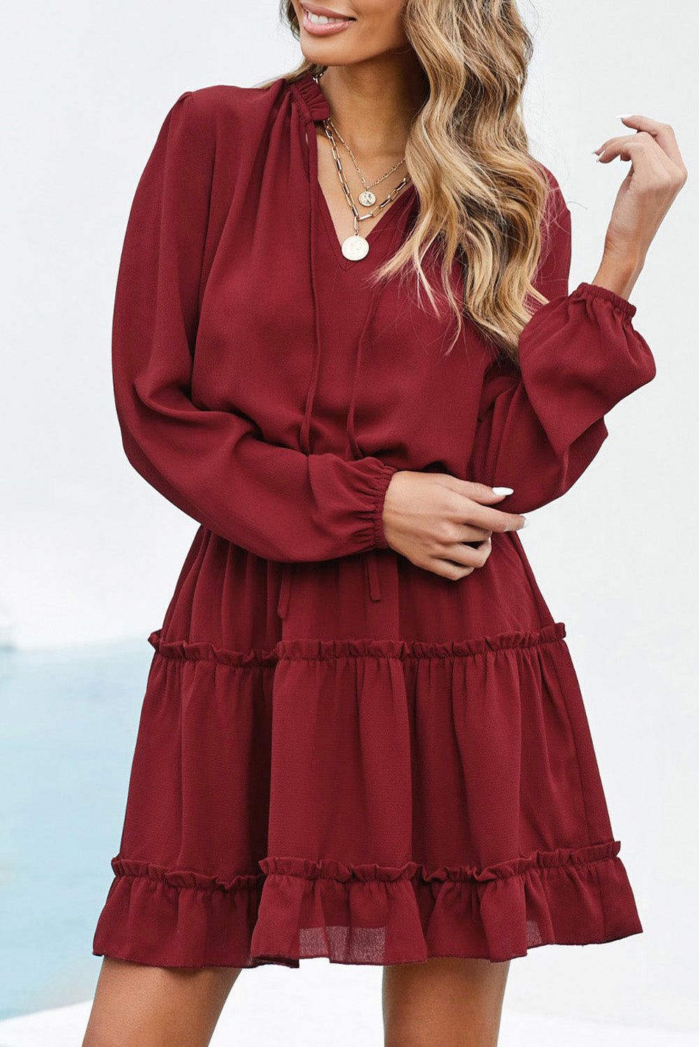 Tied Frill Trim Puff Sleeve Mini Dress-Angel Casuals