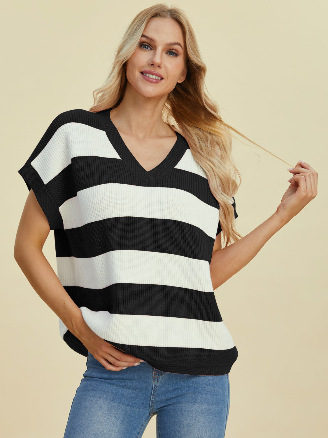 Double Take Full Size Striped V-Neck Short Sleeve Sweater-Angel Casuals