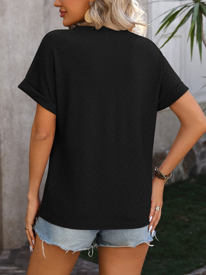Eyelet Notched Short Sleeve T-Shirt-Angel Casuals