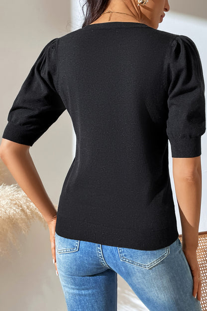 Round Neck Puff Sleeve Knit Top-Angel Casuals