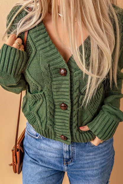 Cable-Knit Button Down V-Neck Cardigan-Angel Casuals