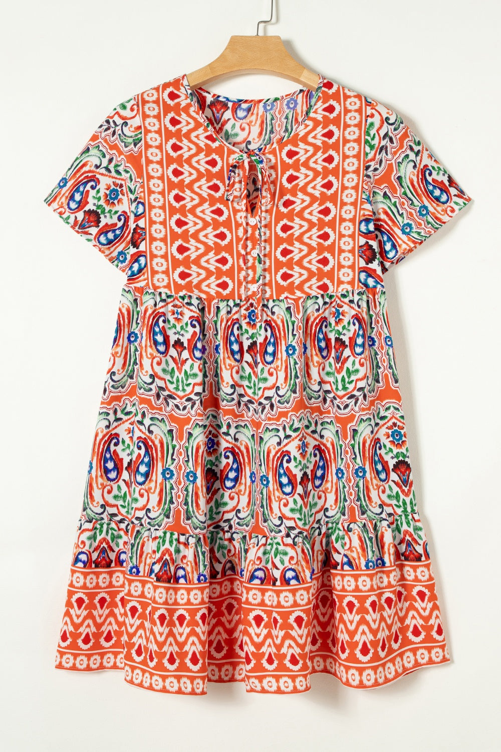 Printed Tie Neck Short Sleeve Dress-Angel Casuals