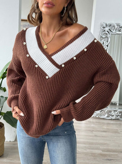 Contrast Trim Dropped Shoulder Long Sleeve Sweater-Angel Casuals