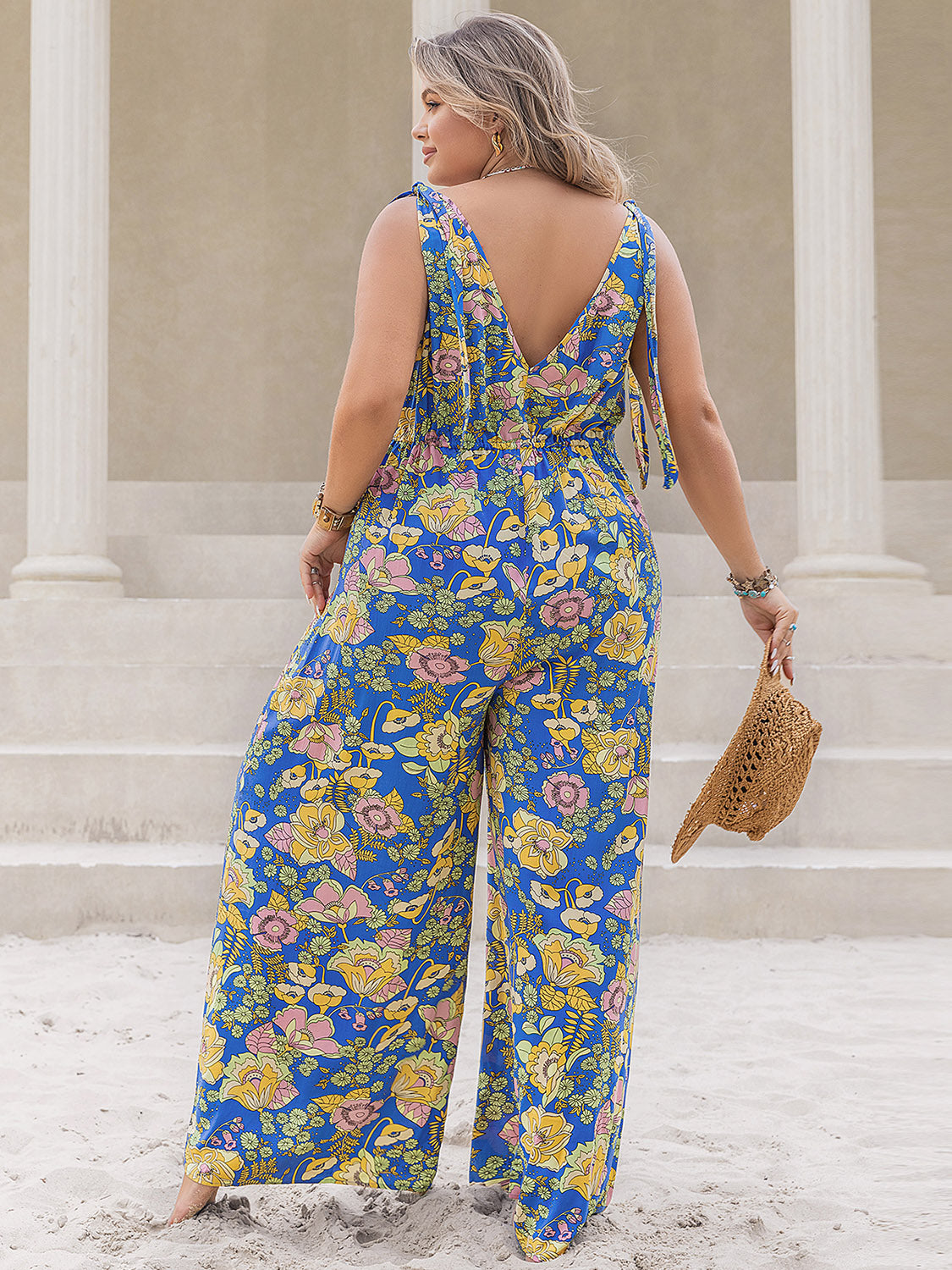 Plus Size Printed V-Neck Wide Leg Jumpsuit-Angel Casuals