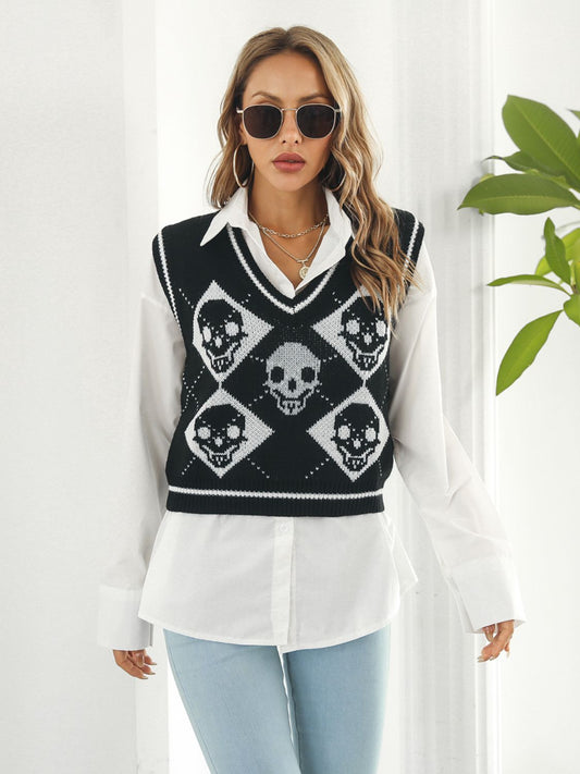 Skull Contrast V-Neck Sweater Vest-Angel Casuals