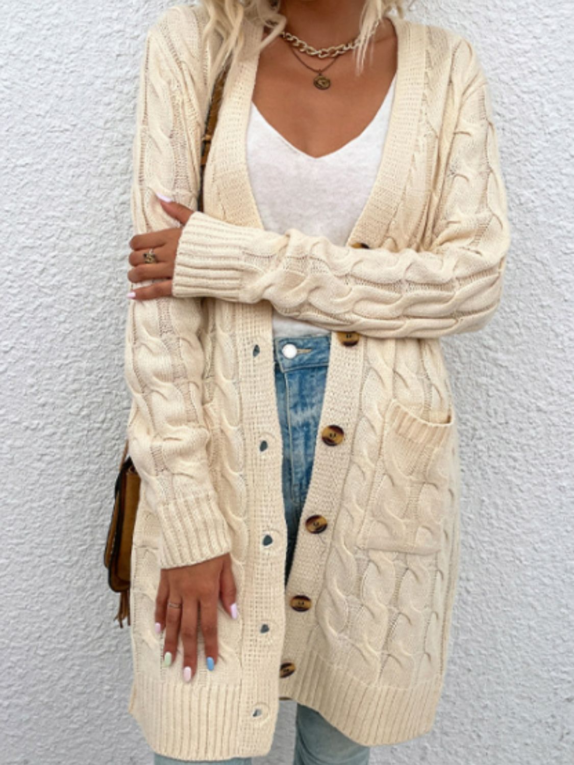 Cable-Knit Button Down Cardigan with Pockets-Angel Casuals