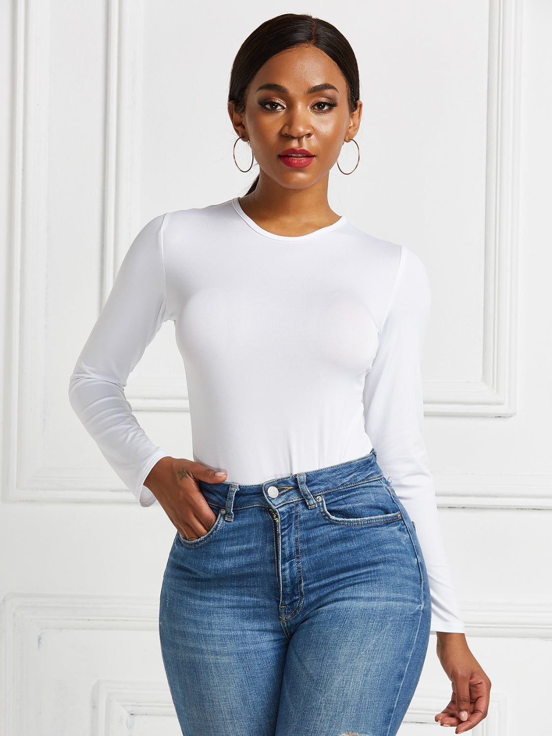 Round Neck Long Sleeve Bodysuit-Angel Casuals